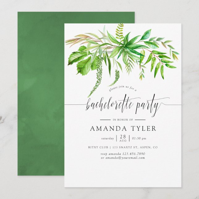Watercolor Forest Greenery Bachelorette Party Invitation (Front/Back)