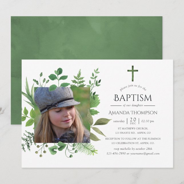 Watercolor Forest Greenery Baptism or Christening Invitation (Front/Back)