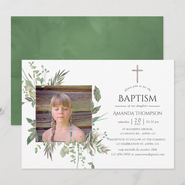 Watercolor Forest Greenery Baptism or Christening Invitation (Front/Back)