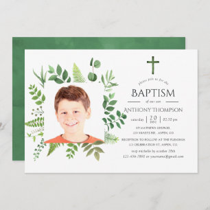 Watercolor Forest Greenery Baptism or Christening Invitation