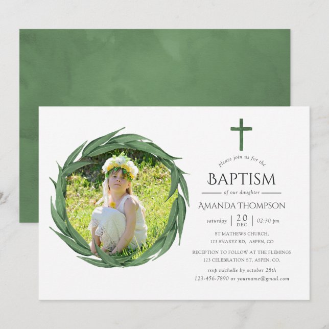 Watercolor Forest Greenery Baptism or Christening Invitation (Front/Back)