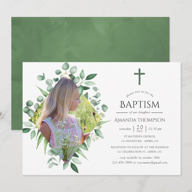 Watercolor Forest Greenery Baptism or Christening Invitation (Front/Back)