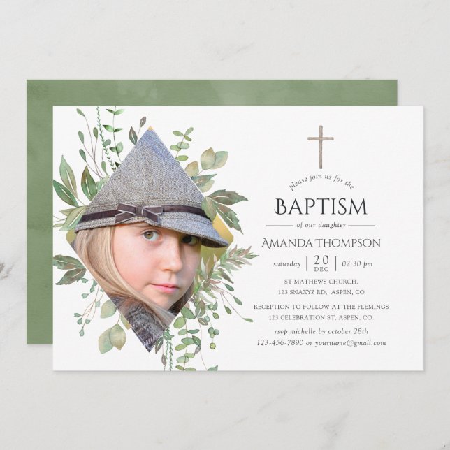 Watercolor Forest Greenery Baptism or Christening Invitation (Front/Back)