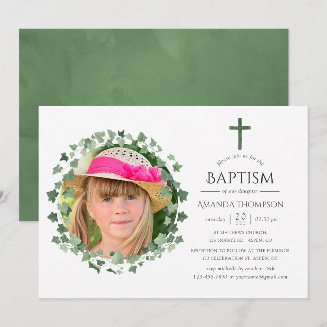 Watercolor Forest Greenery Baptism or Christening Invitation (Front/Back)