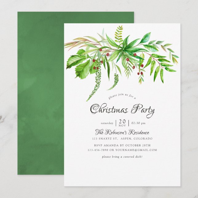 Watercolor Forest Greenery Christmas Party Invitation (Front/Back)