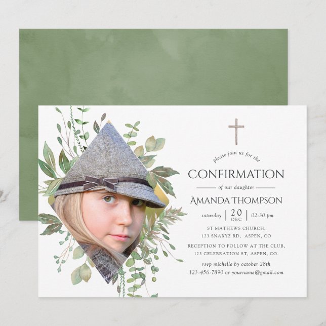 Watercolor Forest Greenery Confirmation Invitation (Front/Back)