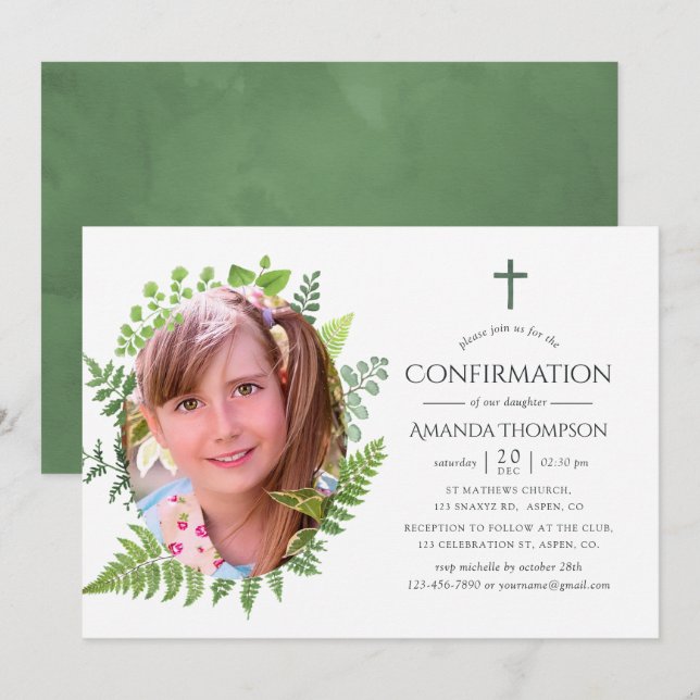 Watercolor Forest Greenery Confirmation Invitation (Front/Back)
