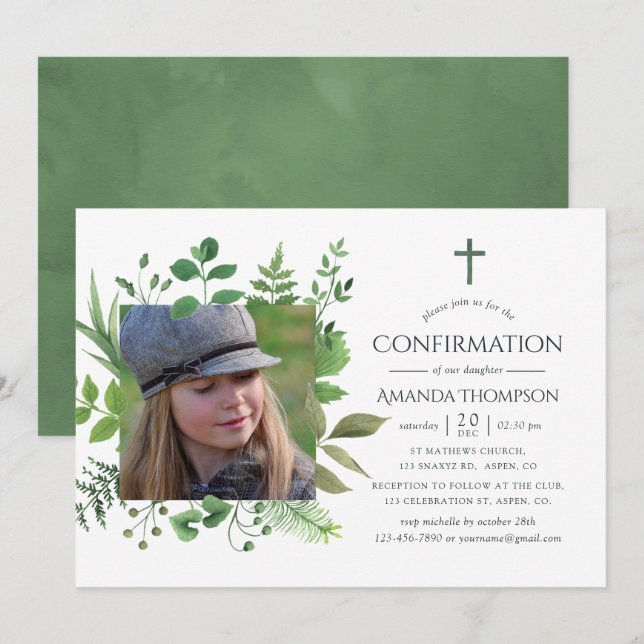Watercolor Forest Greenery Confirmation Invitation (Front/Back)