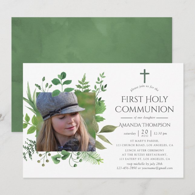 Watercolor Forest Greenery First Holy Communion Invitation (Front/Back)