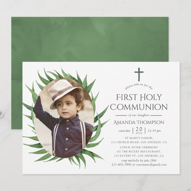 Watercolor Forest Greenery First Holy Communion Invitation (Front/Back)