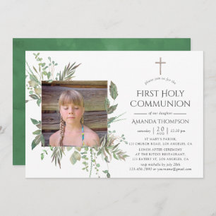Watercolor Forest Greenery First Holy Communion Invitation