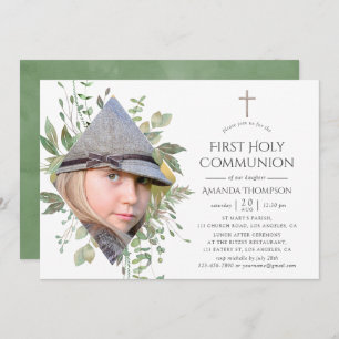 Watercolor Forest Greenery First Holy Communion Invitation