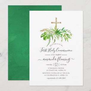 Watercolor Forest Greenery First Holy Communion Invitation