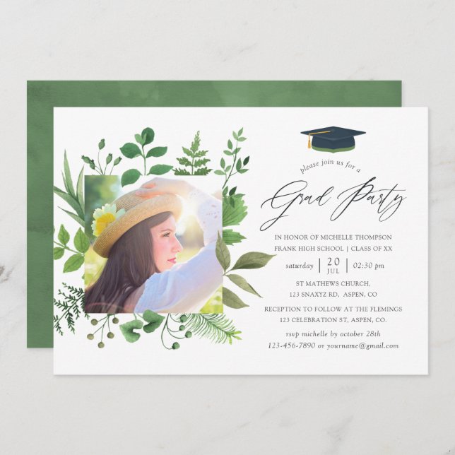 Watercolor Forest Greenery Graduation Party Invitation (Front/Back)