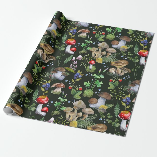 Watercolor Forest Greenery Mushrooms Berries Fall Wrapping Paper (Unrolled)