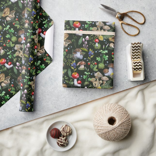 Watercolor Forest Greenery Mushrooms Berries Fall  Wrapping Paper (Crafts)