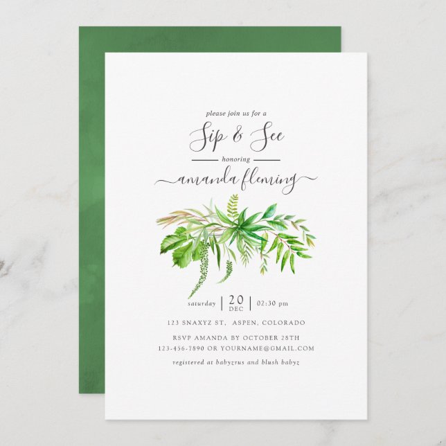 Watercolor Forest Greenery Sip and See Invitation (Front/Back)