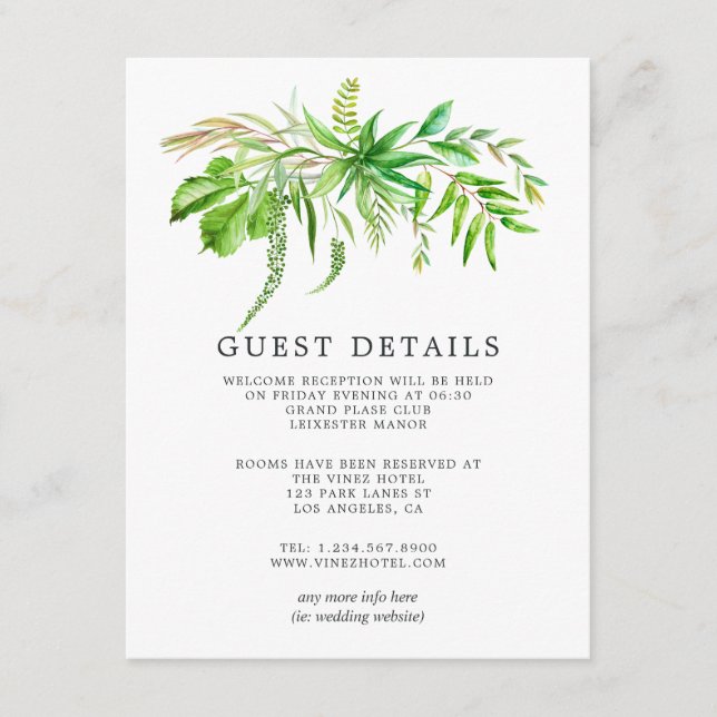 Watercolor Forest Greenery Wedding Guest Details Enclosure Card (Front)