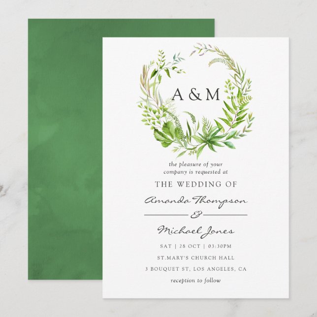 Watercolor Forest Greenery Wedding Invitation (Front/Back)
