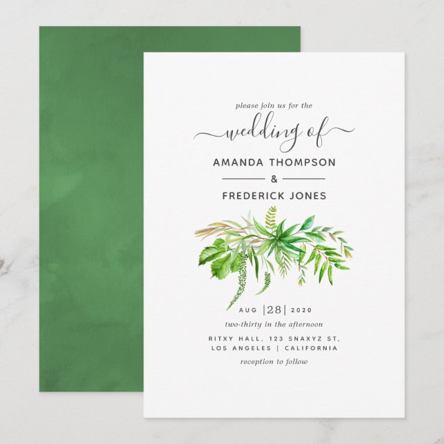 Watercolor Forest Greenery Wedding Invitation (Front/Back)