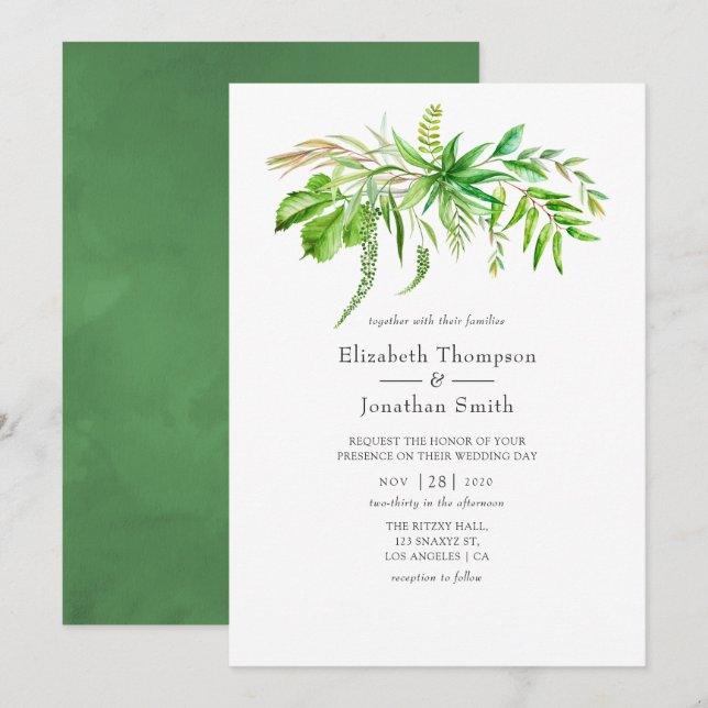 Watercolor Forest Greenery Wedding Invitation (Front/Back)