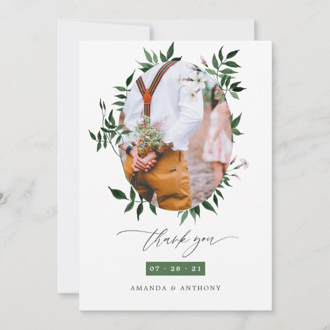 Watercolor Forest Greenery Wedding Photo Thank You Card (Front)