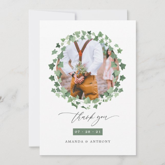 Watercolor Forest Greenery Wedding Photo Thank You Card (Front)