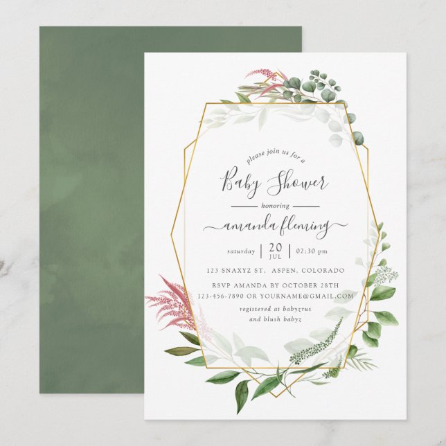 Watercolor Forest Herbarium Geometric Baby Shower Invitation (Front/Back)