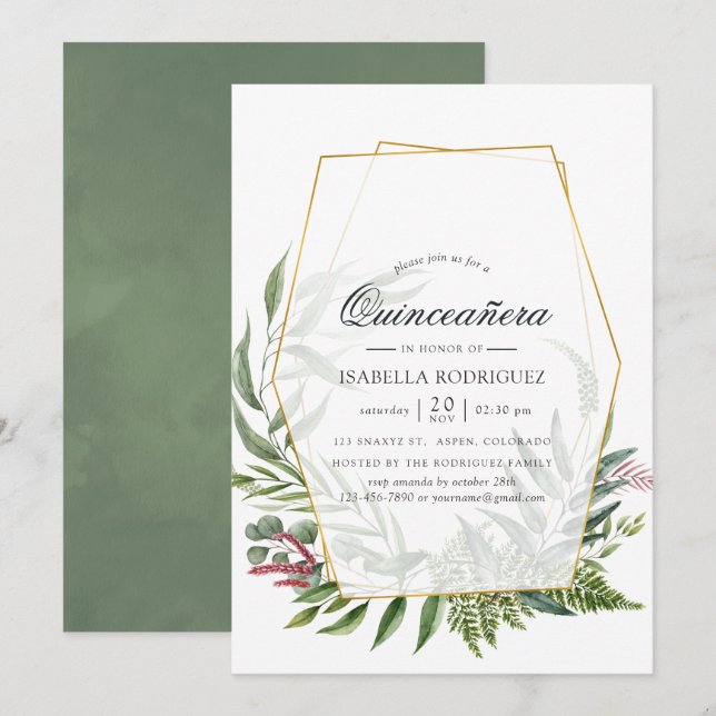 Watercolor Forest Herbarium Geometric Quinceañera Invitation (Front/Back)