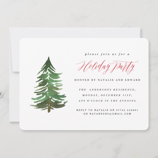 Watercolor forest Holiday party invitation. (Front)