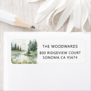 Watercolor Forest Lake Wildflowers Return Address