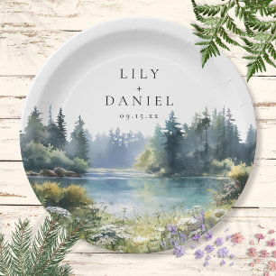 Watercolor Forest Lakeside Wildflower Wedding Paper Plate