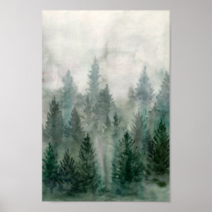 Watercolor Forest landscape foggy pine mountain Poster