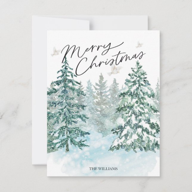 Watercolor forest Merry Christmas Holiday Card  (Front)