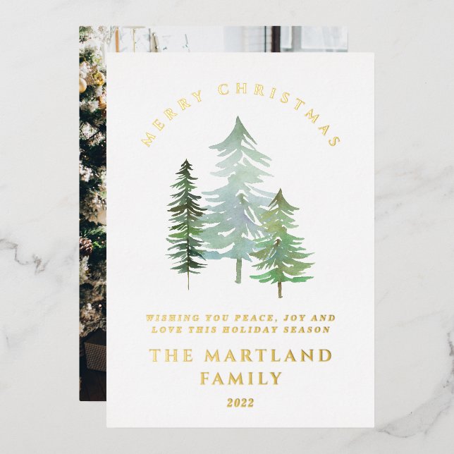 Watercolor forest Merry Christmas Holiday photo (Front/Back)