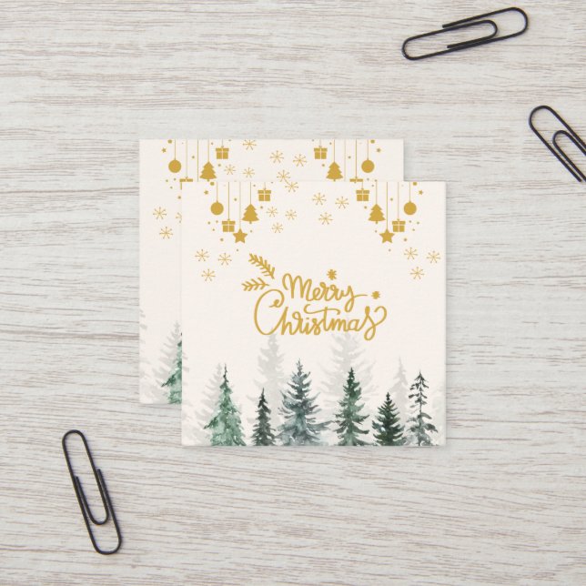 Watercolor forest Merry Christmas Holiday Square Business Card (Front/Back In Situ)