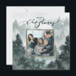Watercolor Forest | Merry Christmas Photo Card<br><div class="desc">Your family photo is front and centre in a forest green frame with a faux gold overlay. The background on this Christmas card features a majestic watercolor forest of evergreen trees. The top of the card has a watercolor greeting that says "Merry Christmas." You can personalise with your name. The...</div>