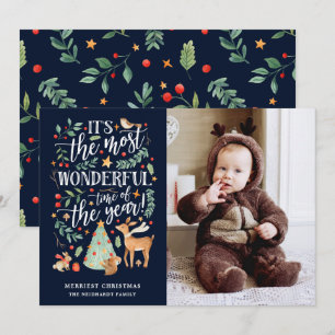 Watercolor Forest Most Wonderful Time Navy Photo Holiday Card
