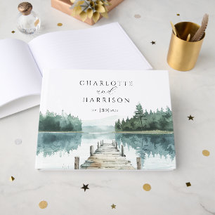 Watercolor Forest Mountain Lake Wedding  Guest Book
