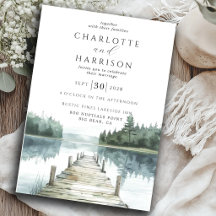 Watercolor Forest Mountain Lake Wedding 