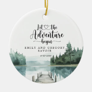 Watercolor Forest Mountain Lake Wedding Keepsake Ceramic Tree Decoration
