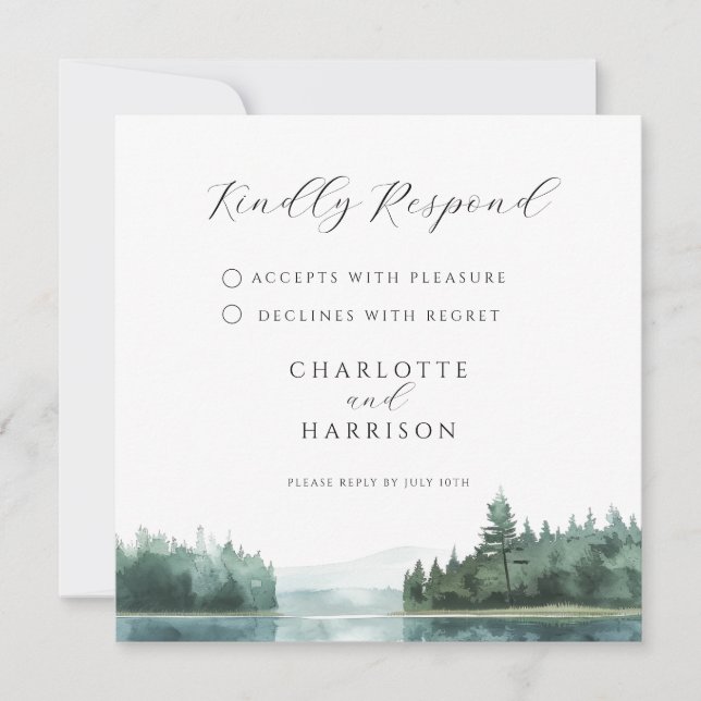 Watercolor Forest Mountain Lake Wedding RSVP (Front)