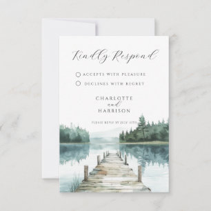 Watercolor Forest Mountain Lake Wedding RSVP Card