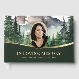 Watercolor Forest Mountain Photo Funeral Memorial Guest Book