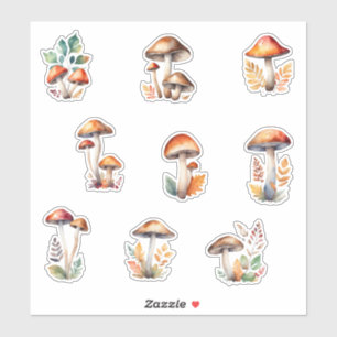 Watercolor Forest Mushrooms and Autumn Leaves
