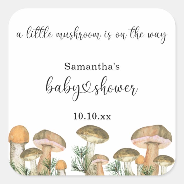 Watercolor forest mushrooms baby shower square sticker (Front)