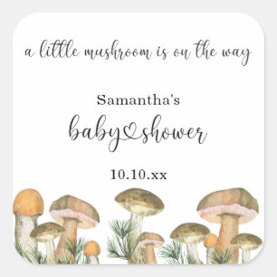 Watercolor forest mushrooms baby shower square sticker