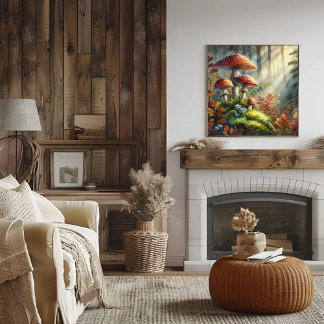 Watercolor Forest Mushrooms Foliage Fungi Art  Poster