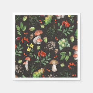 Watercolor Forest Mushrooms Leaves Flowers Napkin