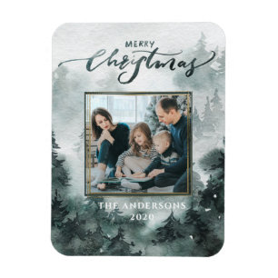 Watercolor Forest Photo Merry Christmas Magnet